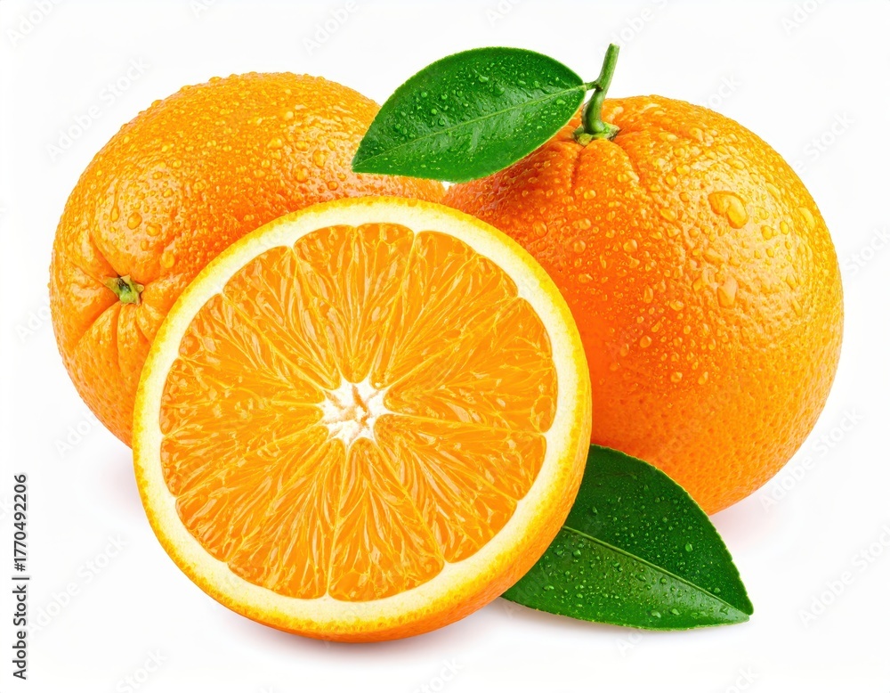 Fototapeta premium Close-up of fresh oranges with water droplets and green leaves, showcasing vibrant color and juicy texture.