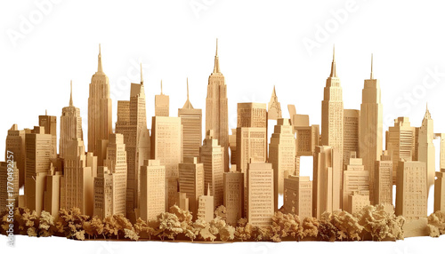 Wooden city skyline with tall buildings and trees silhouetted against a black background, creating an urban landscape