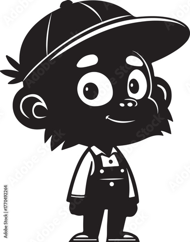 Cute Cartoon Boy Character Silhouette Wearing Cap and Overalls with
