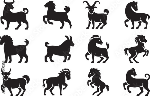 Zodiac Signs Collection Horse Goat Capricorn Silhouette Icons horses black
