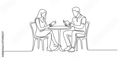 Elegant continuous line drawing of a couple reading at a table vector
