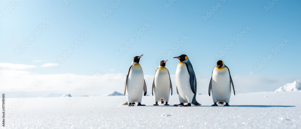 Fototapeta premium Four emperor penguins stand snowy landscape clear blue sky, showcasing their distinctive black and white feathers and vibrant orange markings