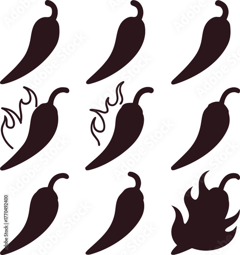 Collection of nine chili pepper icons with flames and swirls silhouette spicy