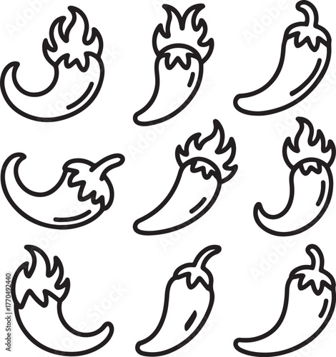 Outline icons of nine chili peppers with flames line art