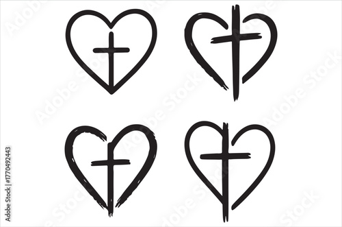 Four black and white illustrations of hearts with crosses inside them