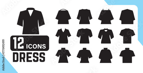 Collection of 12 Black Silhouette Icons of Dresses and Tops dress icons clothing icons