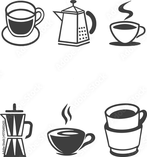 Assortment of Coffee and Tea Icons with Cups and Pots saucer