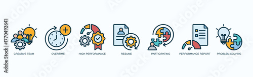 Team Performance Icon Set Isolated Vector With Icon Of Creative Team, Overtime, High Performance, Resume, Participating, Performance Report, Problem Solving In Outline Color Style