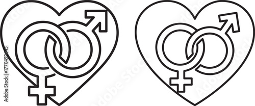 Interlocking gender symbols within hearts silhouette