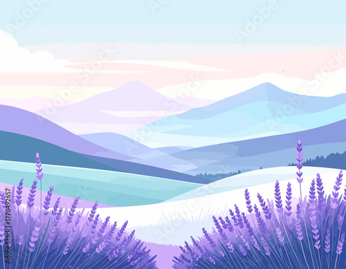 Peaceful purple lavender flower field with a scenic mountain range background, a flat minimalist vector illustration for a tranquil wallpaper