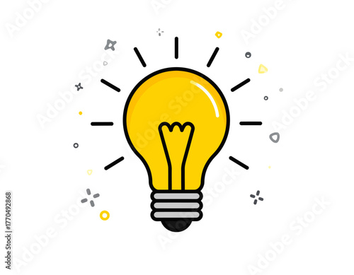 Creative idea concept with a shining yellow lightbulb. Minimal vector illustration representing innovation, solution, and inspiration on a white background