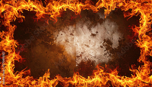Fiery frame Bright orange flames edge a textured brown background, creating a hot border for text or images