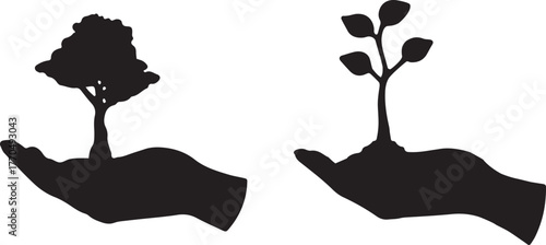 Silhouette of Hands Holding a Growing Tree and a Seedling Keywords: growth, tree, seedling
