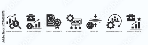 Enterprise Insights Icon Set Isolated Vector With Icon Of Financial Analysis, Business Income, Quality Assurance, Money Management, Pressure, Human Resources, Career Growth In Black Style