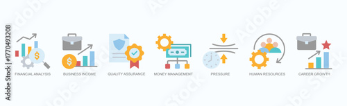 Enterprise Insights Icon Set Isolated Vector With Icon Of Financial Analysis, Business Income, Quality Assurance, Money Management, Pressure, Human Resources, Career Growth In Flat Style