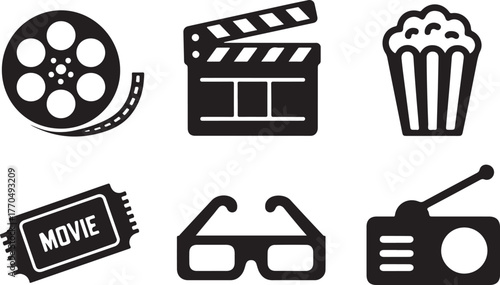 Collection of Six Black and White Icons Related to Movies and Entertainment Keywords: movie