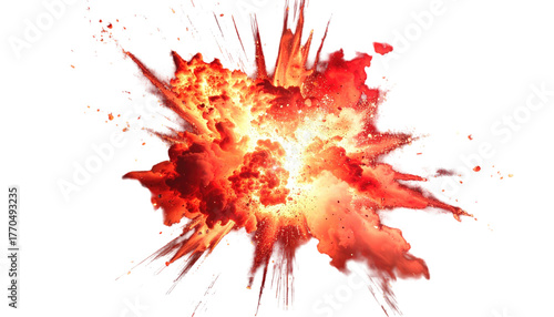 Fiery explosion with vibrant red and orange hues, radiating outwards in a burst of energy against a black background