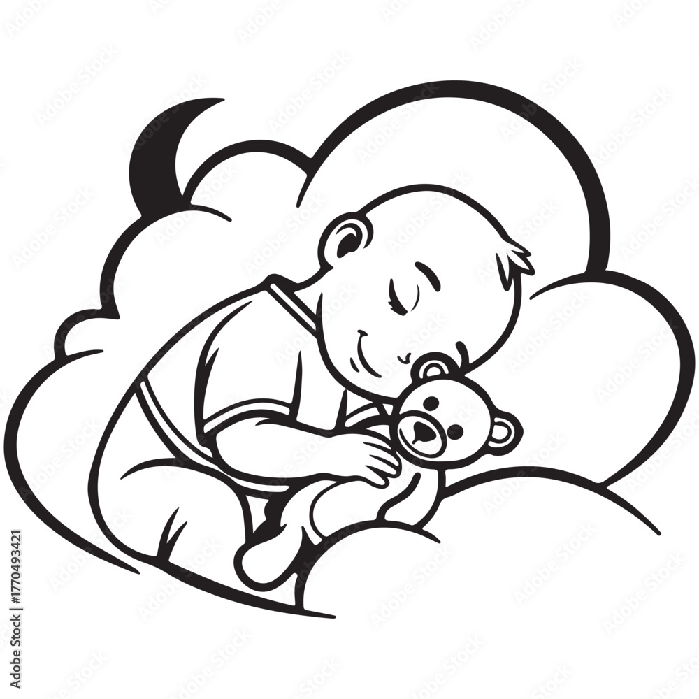 Fototapeta premium A baby sleeping with a teddy bear on a cloud isolated on white background in vector format for children