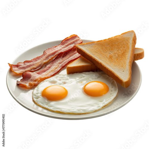 American breakfast set with eggs bacon toast isolated on white background