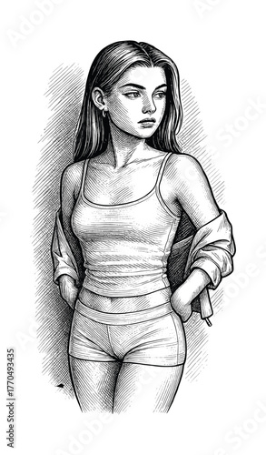 Vintage Engraving of Elegant Woman in Corset and Jeans — Hand-Drawn Etching Style Portrait