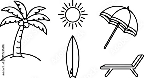 Line Art Summer Beach Vacation Icons Set: Palm Tree, Sun, Surfboard, Umbrella, and Lounge Chair. Minimalist Outline Drawing for Travel and Tropical Holiday Design Elements.