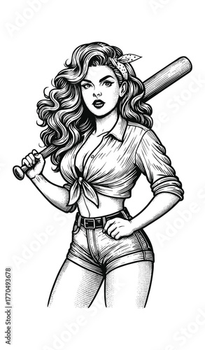 Pin-Up Style Woman Holding Baseball Bat — Retro Comic Etching with Confident Pose
