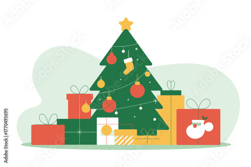 A decorated Christmas tree is surrounded by a variety of gift-wrapped presents.