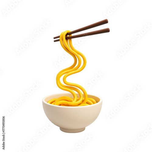 Delicious yellow noodles being lifted with chopsticks from a white bowl isolated on transparent background