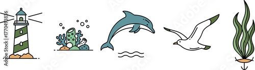 Detailed Ocean and Sea Life Icon Set with Lighthouse, Coral Reef, Jumping Dolphin, Flying Seagull, and Seaweed – Colorful Outline Vector Collection for Nature and Nautical Design.