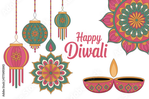 Decorative lanterns and a diya celebrate the happy occasion of Diwali.