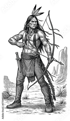 Vintage Engraving of Native Archer Warrior Holding Bow and Arrow — Detailed Historical Etching Art in Western Landscape