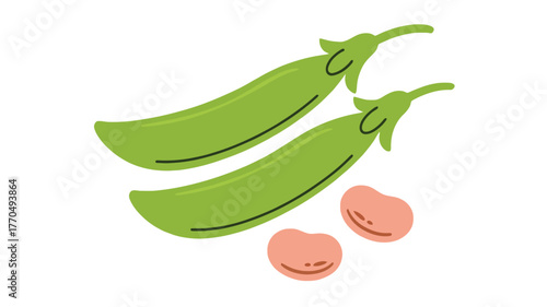Two bright green pea pods with three pink beans lay on a white background.
