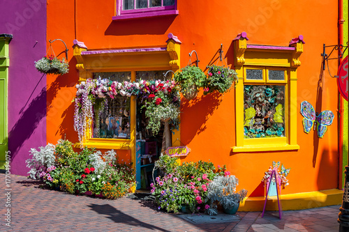 Quaint street lined with vibrant colorful buildings in the Old Town of Kinsale, County Cork, Ireland