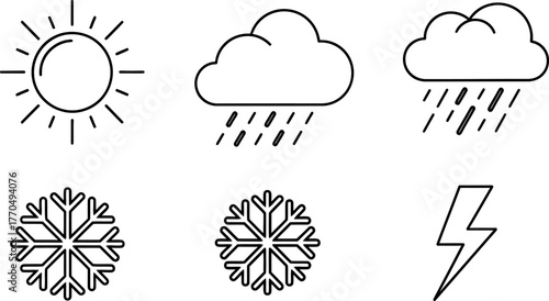 Minimalist Weather Forecast Icons Set: Sun, Rain Cloud, Snowflakes, and Lightning Bolt Line Art for Web Design, Climate Apps, and Seasonal Graphics.