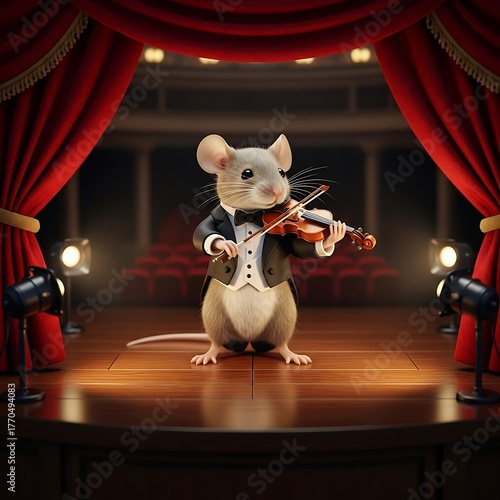 A charming animated mouse, dressed in formal attire, plays a violin on a brightly lit stage in a theater setting