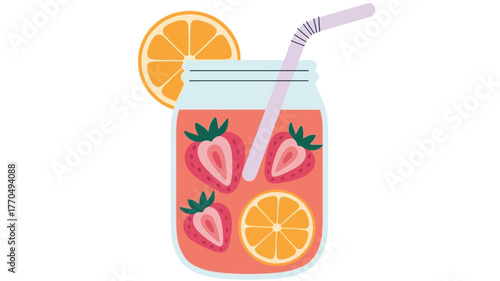 A refreshing fruit infused drink in a mason jar with a straw and orange slice garnish.