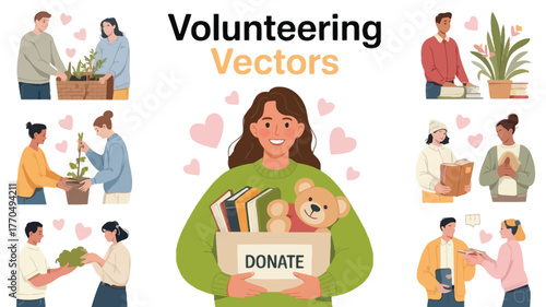 Illustrations depict diverse people volunteering and donating items to help others.