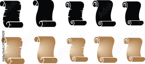 Old scroll paper icon set, antique parchment, vintage manuscript, and rolled document collection, ancient writing and medieval paper group in black flat, and gradient style vector illustration