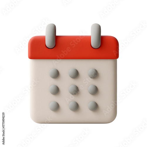 Cute 3d calendar icon with red top and gray dots isolated on transparent background