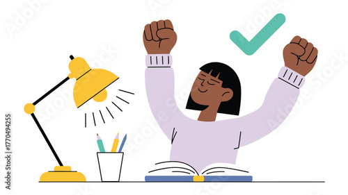Person celebrating achievement with arms raised and a checkmark.