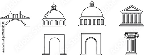 Iconic Architecture and Engineering Structures Set: Bridge, Dome, Temple, Arch, and Classic Column for Travel, History, and Design.
