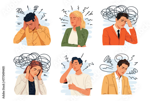 Illustrations depict individuals experiencing mental distress and anxiety with swirling lines representing their thoughts.