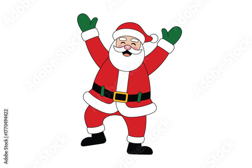 Santa Claus celebrating and dancing with his arms raised joyfully