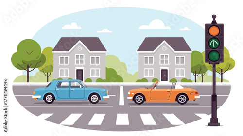 Two cars stop at a traffic light on a street with houses and trees.