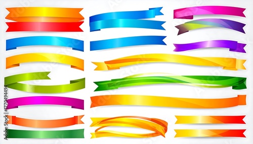 Assortment of bright, curved, and straight ribbons in various colors, some with subtle gradient effects, arranged on a white background