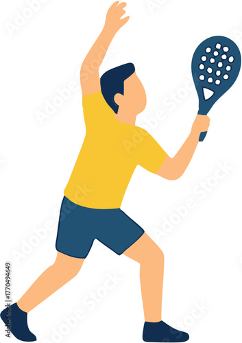 Illustration of a male athlete playing a racket sport, in a dynamic pose with a paddle and ball