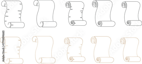 Old scroll paper icon set, antique parchment, vintage manuscript, and rolled document collection, ancient writing and medieval paper group in black line, and gradient style vector illustration