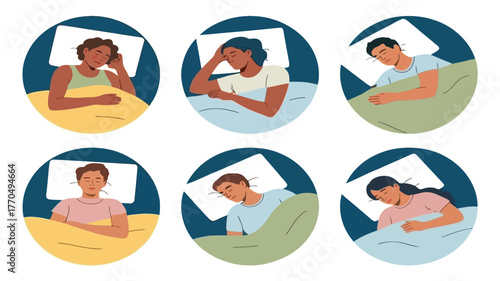 Diverse individuals experience various states of mind while trying to sleep in bed