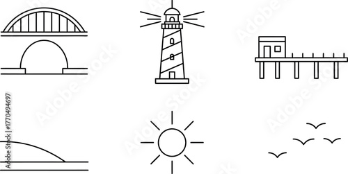 Bridge, Lighthouse, Pier, Ocean Horizon, Sun, and Seagulls - Minimal Vector Clipart for Web and Print.