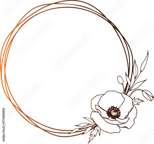 Vector art of elegant floral wreath with poppy flower and leaves